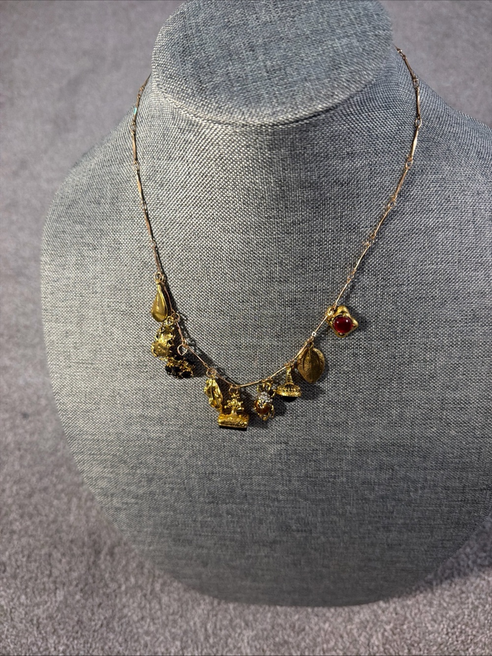 Gold Charm Pendant Necklace with Red Accent - Women Jewelry